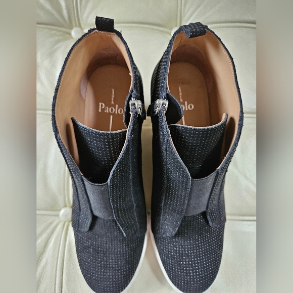 Linea Paolo Black Glitter Leather Wedge Bootie Side Zip-Size 8.5 - Picture 4 of 9